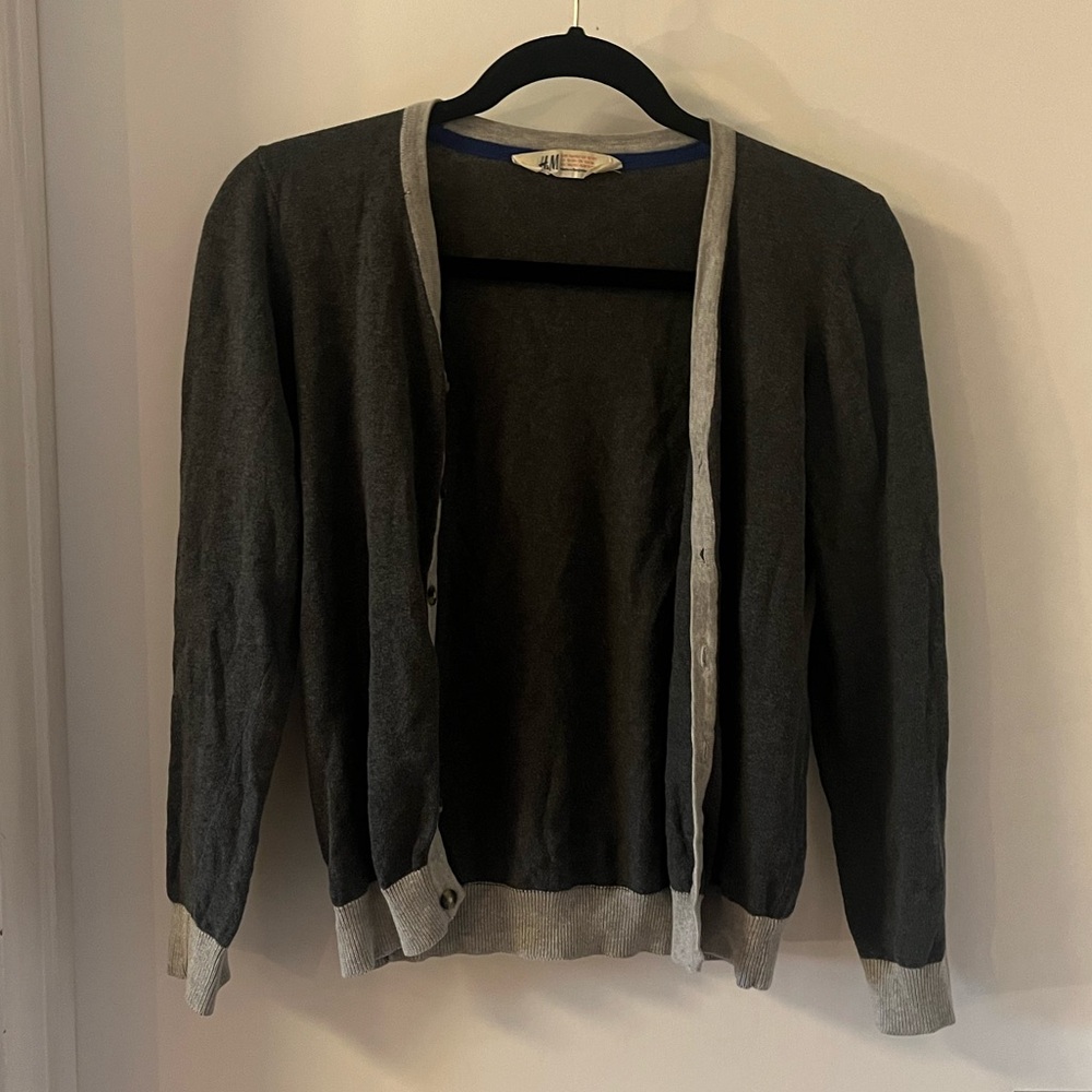 Slate Grey H&M cardigan with white trim. Size: youth 10-12. In good condition!